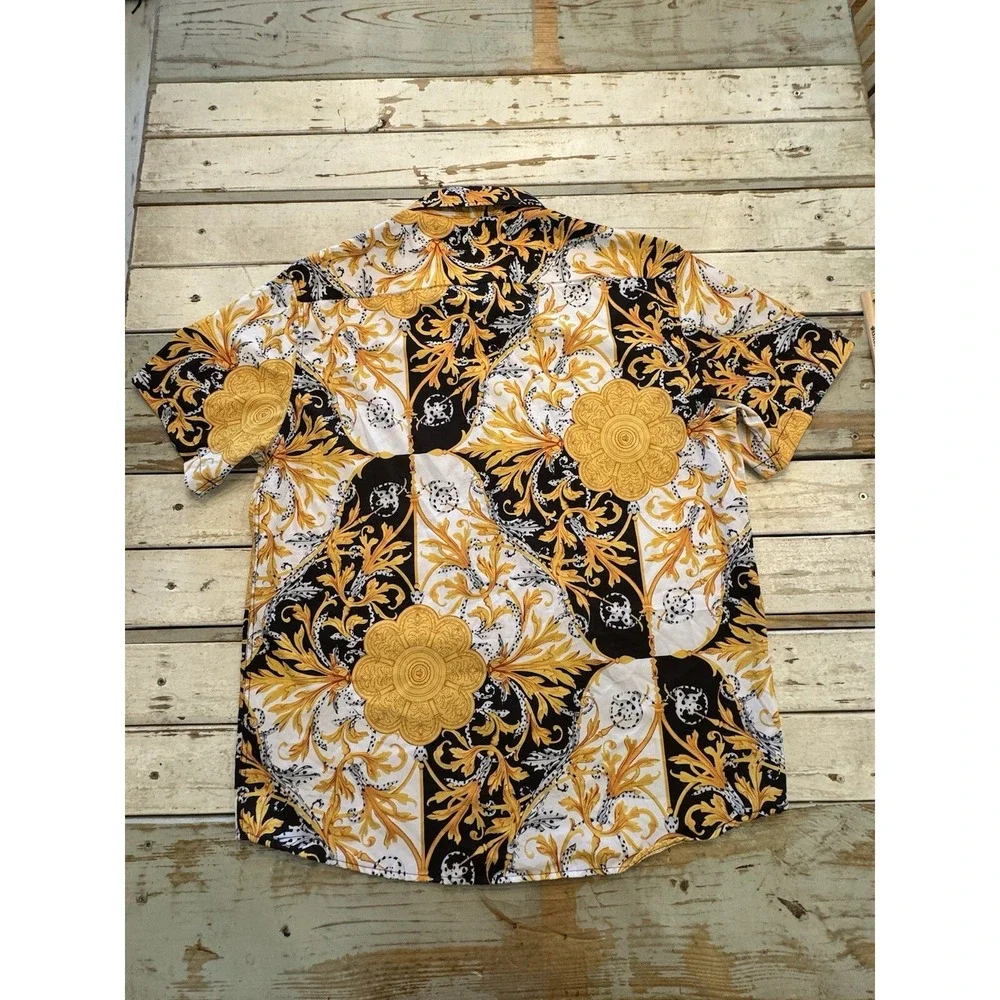 Mens Fohemr Button Up Shirt Men's Size  Large Baroque Abstract Print Yellow